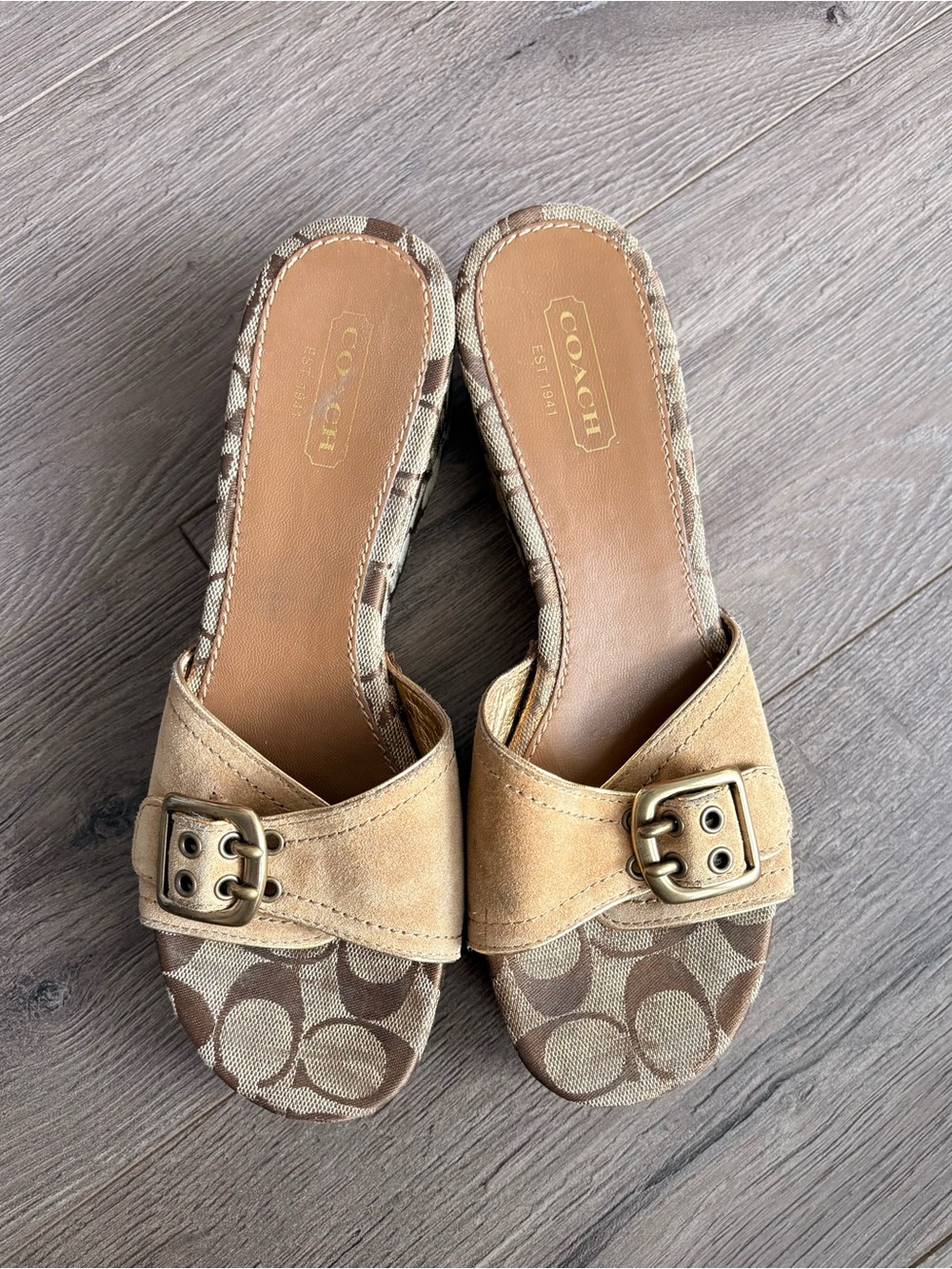 COACH Tan/Brown Slide Sandals with Buckle